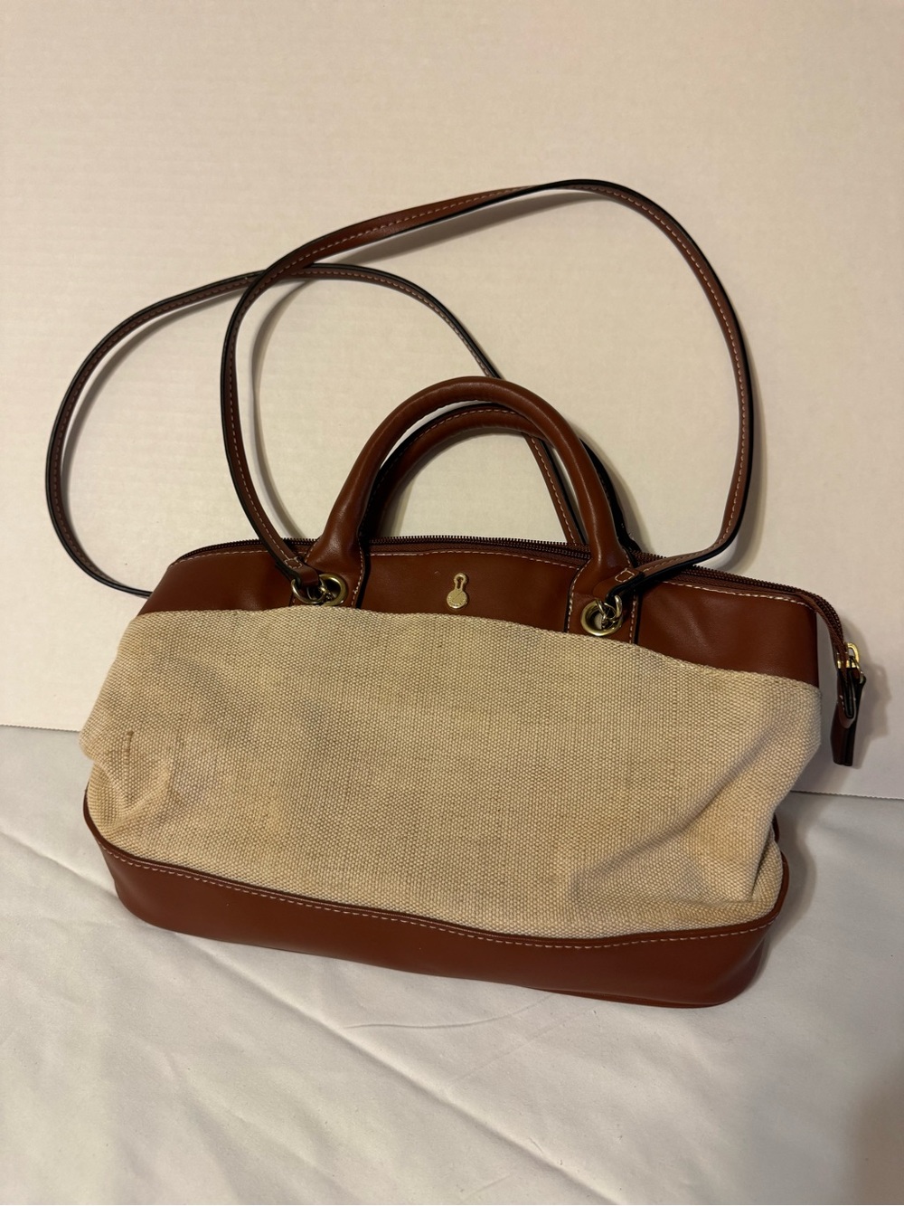 London Fog Canvas Satchel with Brown Leather Trim